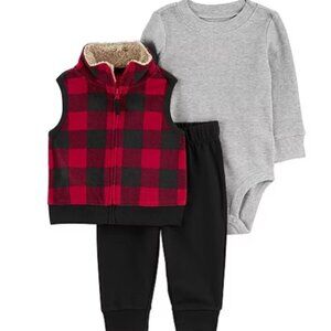 Red Plaid Vest with Gray Onesie and Black Pants Set